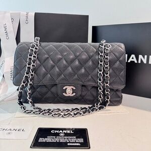 CHANEL - Classic Medium Flap, Caviar Black Leather, Silver Hardware, Full Set